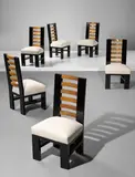 Set of six dining chairs by Gino Levi Montalcini and Giuseppe Pagano, circa 1930, Maple burl-veneered wood, painted wood, fabric, offered Dec 2016