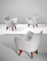 Guglielmo Veronesi, Three "Perla" armchairs, circa 1952, Walnut, brass, fabric