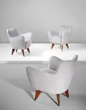 Guglielmo Veronesi, Three "Perla" armchairs, circa 1952, Walnut, brass, fabric