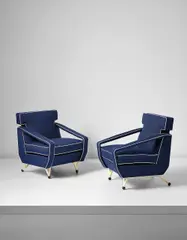 Augusto Romano, Pair of armchairs, designed for Villa Cirio, Bardonecchia, circa 1954, Painted steel, brass, fabric