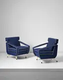Augusto Romano, Pair of armchairs, designed for Villa Cirio, Bardonecchia, circa 1954, Painted steel, brass, fabric