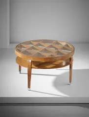 Unique tiered coffee table by Gio Ponti, circa 1940, Elm burl-veneered wood, maple, aluminum, glass, sold Dec 2016