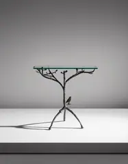 Diego Giacometti, “Guéridon-arbre au hibou”, circa 1980, Patinated bronze, glass