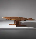 Rare coffee table with special early variant Minguren base by George Nakashima, 1966, English oak burl, English oak, offered Dec 2016