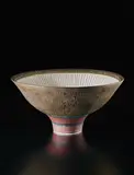 Unique footed bowl by Lucie Rie, circa 1978, Porcelain, golden manganese glaze with sgraffito , the interior unglazed with inlaid radiating design. Turquoise green r, sold Dec 2016
