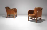 Pair of "Mix" easy chairs, model no. 4396 by Kaare Klint and Edvard Kindt-Larsen, designed 1930, executed 1936, Cuban mahogany, Niger leather, brass nailheads, sold Dec 2016