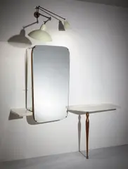 Carlo Mollino, Unique "specchio-armadio" and adjustable wall light, from the bedroom of the Ada and Cesare Minola House, Turin, 1944-1946, Marble, mirrored glass, gilt wood, painted wood, brass, painted metal, glass