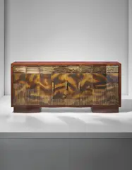 Important sideboard by Eugène Printz and Jean Dunand, circa 1927, Kekwood-veneered wood, rosewood-veneered wood, enameled bronze with dinanderie , brass, offered Dec 2016