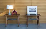 Pair of console tables by Jean Prouvé and Jules Leleu, 1930s, Laminate-covered mahogany, mahogany, painted steel, waxed canvas, cord, sold Dec 2016