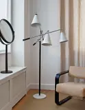 Arredoluce, "Triennale" three-armed adjustable floor lamp, 1950s, Chromium-plated steel, painted steel, leather, marble