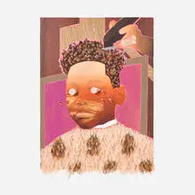 Devan Shimoyama, Cookie, 2018, oil, colored pencil, feathers and mixed media on canvas