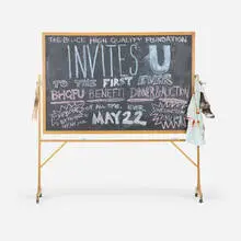 The Bruce High Quality Foundation, Untitled, 2013, slate chalkboard, chalk, leather shoes and masks