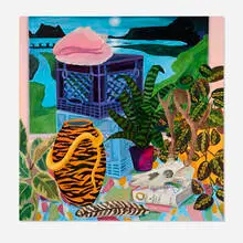 Anna Valdez, Still Life with Landscape Painting, 2020, oil on hardboard panel