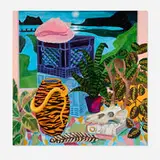 Anna Valdez, Still Life with Landscape Painting, 2020, oil on hardboard panel