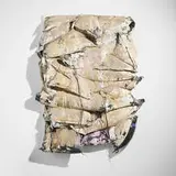 Jeremy Lawson, Rain Follows Plow (c), 2016-18, acrylic, plaster and sand on polypropylene sandbags on wood panel