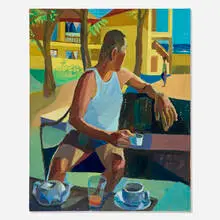 Mikey Yates, Coffee with Tito Jo, 2021, oil and acrylic on canvas