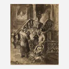 Cecil Bell, Front Stoop, ink on paper laid to board