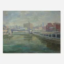 Jess Hobby, City River Scene, oil on canvas