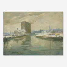 Jess Hobby, City River Scene, oil on canvas