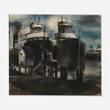 Carlos Lopez, Ships at Dock, oil on canvas laid to board