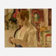 Richard Segalman, Woman Knitting, oil on board