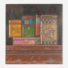 Manuel Hughes, Tin Cans (Mayfair Tea), 1998, oil on canvas laid to wood in hand-painted artist's frame