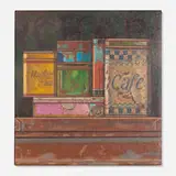 Manuel Hughes, Tin Cans (Mayfair Tea), 1998, oil on canvas laid to wood in hand-painted artist's frame