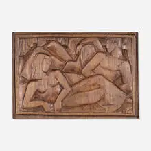 Enid Bell, Man and Woman, carved wood relief