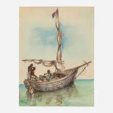 Philip Reisman, Shipboard Haircut, Haiti, watercolor on paper