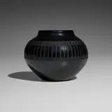 Blackware vessel with feather design by Maria Montoya Martinez and Santana Martinez, c. 1950, burnished earthenware, sold Apr 2026