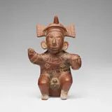Colima, Seated shaman spouted vessel, terracotta with polychrome pigment