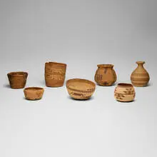 Native American, Collection of seven baskets, jute, glazed earthenware