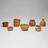 Native American, Collection of seven baskets, jute, glazed earthenware