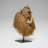 Yaka, Ndeemba dance mask, carved and painted wood, raffia, fiber cloth