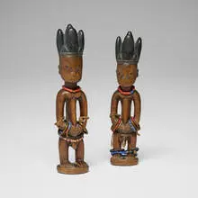 Yoruba, Ere Ibeji twin figures, pair, carved wood, beads, string, metal