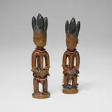 Yoruba, Ere Ibeji twin figures, pair, carved wood, beads, string, metal