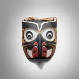 Owl mask by Kwakwaka'wakw (Kwakiutl & Kwagiulth), 1988, carved and painted cedar, feathers, raffia, sold Apr 2026