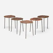 Stools, set of five by Lila Swift and Donald Monell, c. 1955, leather, rope, enameled steel, sold Feb 2026