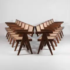 Pierre Jeanneret, Set of twelve chairs, teak and cane