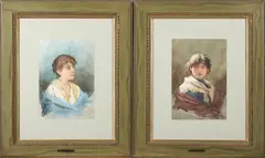 Ernesto Levorati, Two Framed Watercolor Portraits of Children, watercolor with gouache on paper