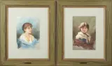 Ernesto Levorati, Two Framed Watercolor Portraits of Children, watercolor with gouache on paper