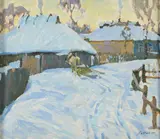 Konstantin Lomykin, Three Oil Landscapes: Evening, Horses, and Laundering, oil on paperboard