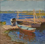 Konstantin Lomykin, A Group of Four Landscapes:, Spring and Roads oil on canvas; River and Farm oil on card