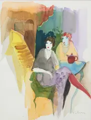 Two Chic Women at Tea by Itzchak Tarkay, watercolor with pen and ink on paper, sold Dec 2024