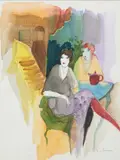 Itzchak Tarkay, Two Chic Women at Tea, watercolor with pen and ink on paper