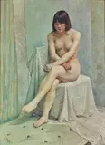 Huang Jinsheng, A Pair of Paintings: Sitting Female Nude and Tibetan Girl at the Edge of a Cliff, oil on canvas