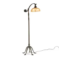 COUNTER-BALANCE FLOOR LAMP WITH "DAMASCENE" FAVRILE GLASS SHADE by Tiffany Studios, 1910, patinated bronze base, sold Feb 2025