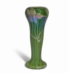 Quezal, Floral Decorated Vase, iridescent glass, etched 'Quezal 60' on underside