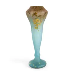 Vase by Daum, overlaid, acid-etched and enameled glass, decorated with laburnum flowers, signed in cameo 'Daum Nancy' with Cross of Lo, sold Oct 2025