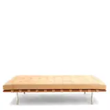 Barcelona Daybed by Ludwig Mies van der Rohe, for Knoll, walnut, suede, stainless steel, with Knoll-patterned fabric on underside of cushion, sold Oct 2025